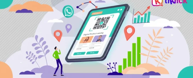 Ilustración conceptual de la nueva era de las ventas digitales, mostrando conexiones entre códigos QR, catálogos digitales y gestión de múltiples sucursales con Tiklick.