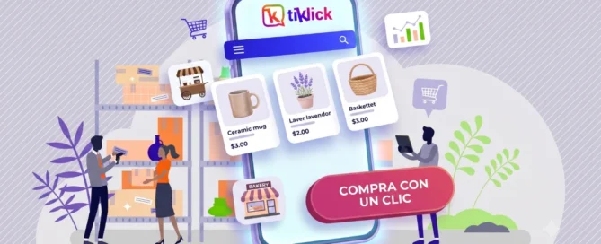 Ilustración colorida de una interfaz de ventas a un clic con Tiklick, mostrando productos organizados y gestión de pedidos para emprendedores.