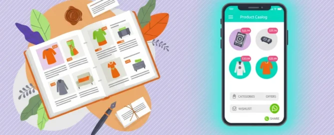 Comparativa visual entre un catálogo impreso tradicional y un moderno catálogo digital interactivo en smartphone para negocios con Tiklick.