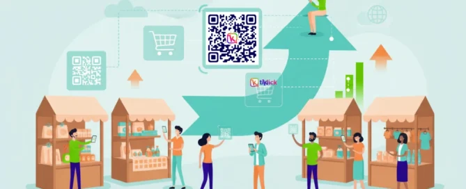 Ilustración conceptual de una feria comercial modernizada con códigos QR de Tiklick, conectando a emprendedores con clientes para ventas post-evento prolongadas.