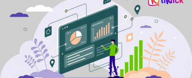 Ilustración conceptual de centralización de operaciones empresariales, mostrando gráficos de control de inventario y gestión eficiente de múltiples sucursales con Tiklick.