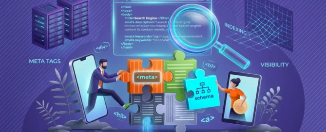Ilustración conceptual sobre meta etiquetas y posicionamiento SEO en Google, mostrando análisis de datos web y optimización de visibilidad digital.