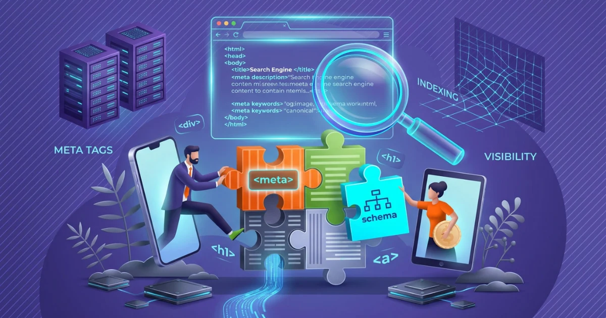 Ilustración conceptual sobre meta etiquetas y posicionamiento SEO en Google, mostrando análisis de datos web y optimización de visibilidad digital.