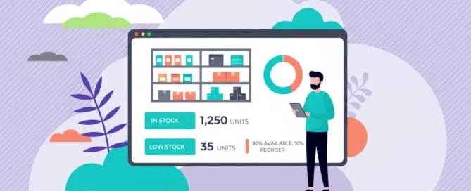 Ilustración conceptual de control de inventario empresarial y gestión de stock organizada para potenciar el crecimiento de un negocio con Tiklick.