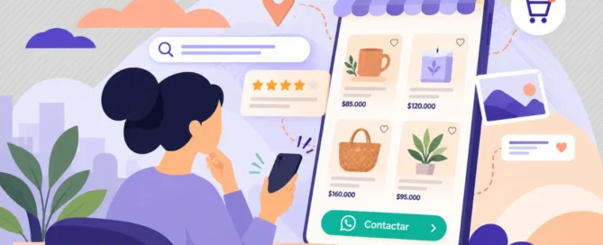 Ilustración 3D de un consumidor investigando y descubriendo productos en una vitrina digital desde su smartphone con Tiklick.
