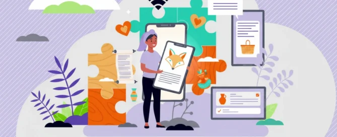 Ilustración de un emprendedor manteniendo la esencia artesanal y humana de su marca dentro de una vitrina digital moderna en Tiklick.