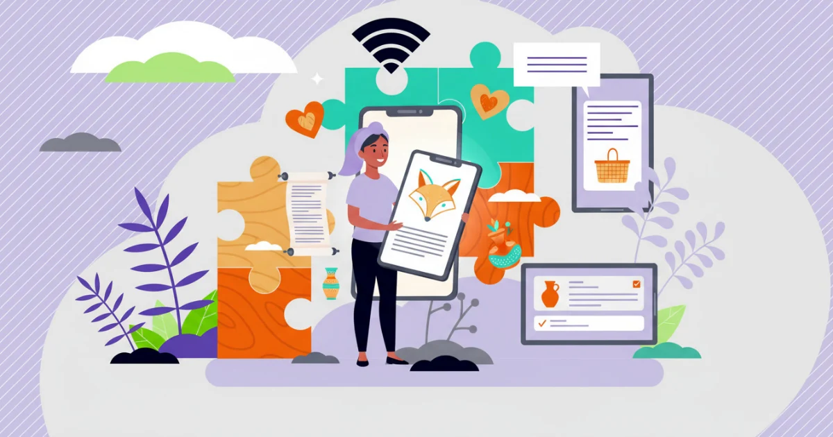 Ilustración de un emprendedor manteniendo la esencia artesanal y humana de su marca dentro de una vitrina digital moderna en Tiklick.