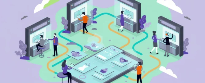 Ilustración de un punto de encuentro digital interactivo donde compradores exploran catálogos y descubren múltiples marcas y emprendimientos en Tiklick.