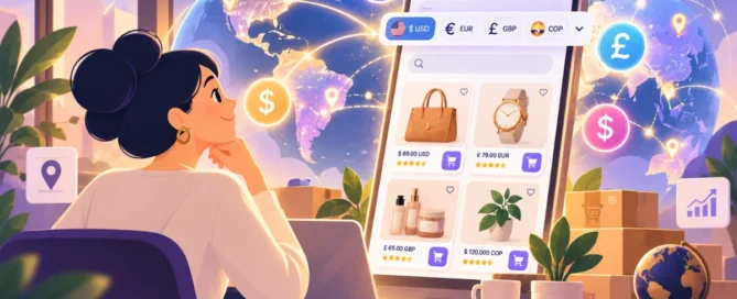 Ilustración 2D conceptual de la vitrina digital multimoneda de tiKlick, mostrando productos con diferentes símbolos de divisas y conexión global para emprendedores.
