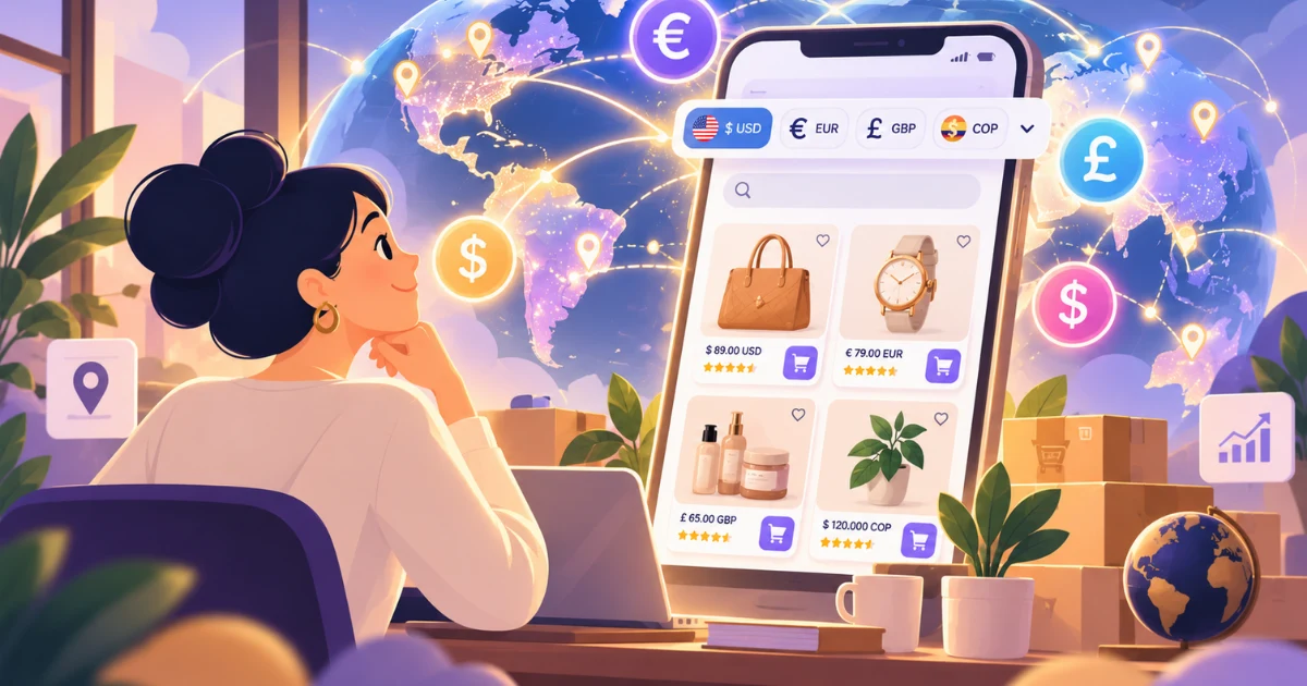 Ilustración 2D conceptual de la vitrina digital multimoneda de tiKlick, mostrando productos con diferentes símbolos de divisas y conexión global para emprendedores.