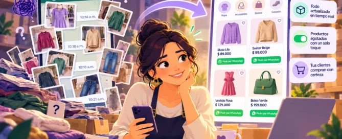Ilustración 2D comparativa entre un chat saturado de fotos por WhatsApp y un catálogo digital ordenado e interactivo en smartphone con Tiklick.