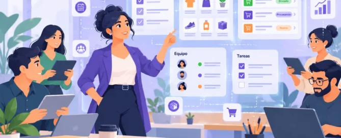Ilustración 2D conceptual de un emprendedor sistematizando y delegando procesos operativos de su negocio mediante una plataforma digital centralizada con Tiklick.