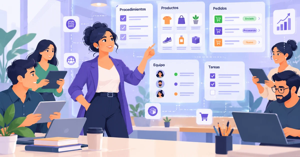 Ilustración 2D conceptual de un emprendedor sistematizando y delegando procesos operativos de su negocio mediante una plataforma digital centralizada con Tiklick.
