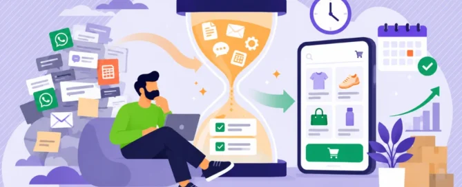 Ilustración 2D conceptual sobre la gestión del tiempo y productividad para emprendedores, mostrando un reloj de arena digital y optimización de tareas repetitivas con Tiklick.