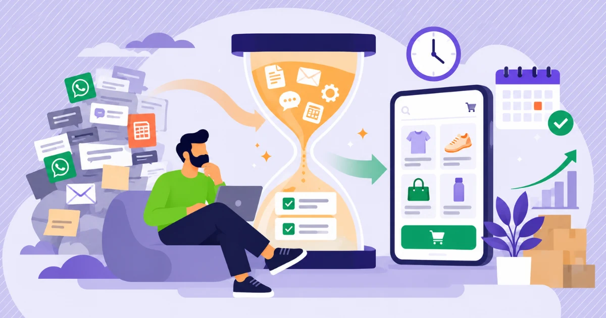 Ilustración 2D conceptual sobre la gestión del tiempo y productividad para emprendedores, mostrando un reloj de arena digital y optimización de tareas repetitivas con Tiklick.