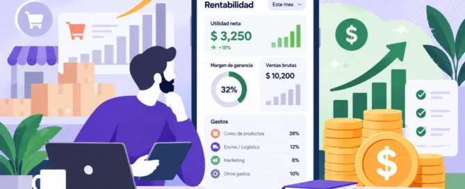 Ilustración 2D conceptual de un análisis financiero para emprendedores, contrastando el volumen de ventas con la rentabilidad y el control de costos usando Tiklick.