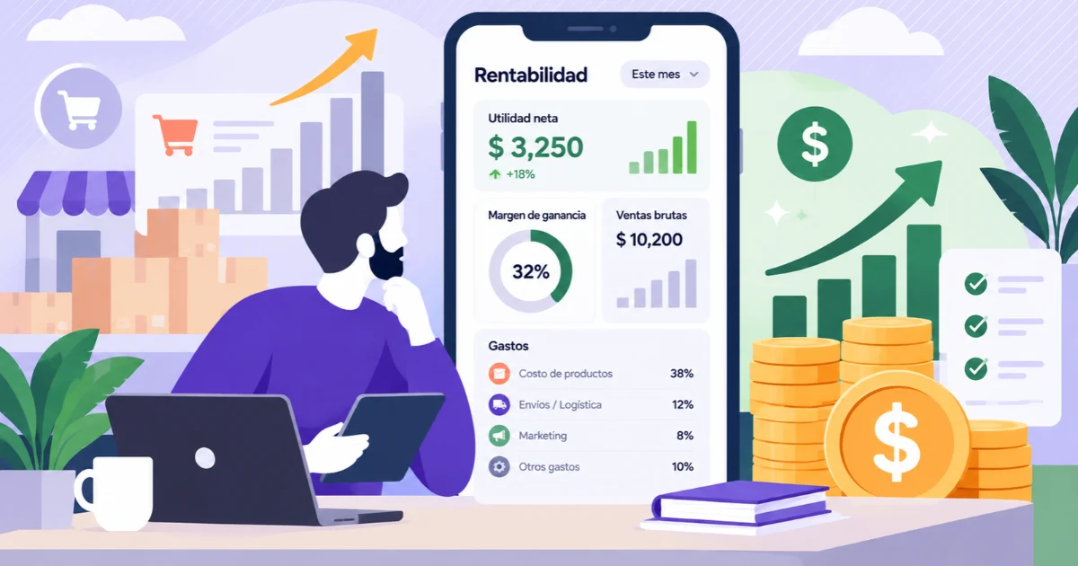Ilustración 2D conceptual de un análisis financiero para emprendedores, contrastando el volumen de ventas con la rentabilidad y el control de costos usando Tiklick.